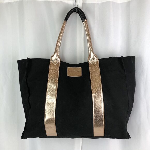Victoria's Secret Handbags - Victoria's Secret Tote Black & Gold Weekender Tote Getaway Bag Canvas Fabric